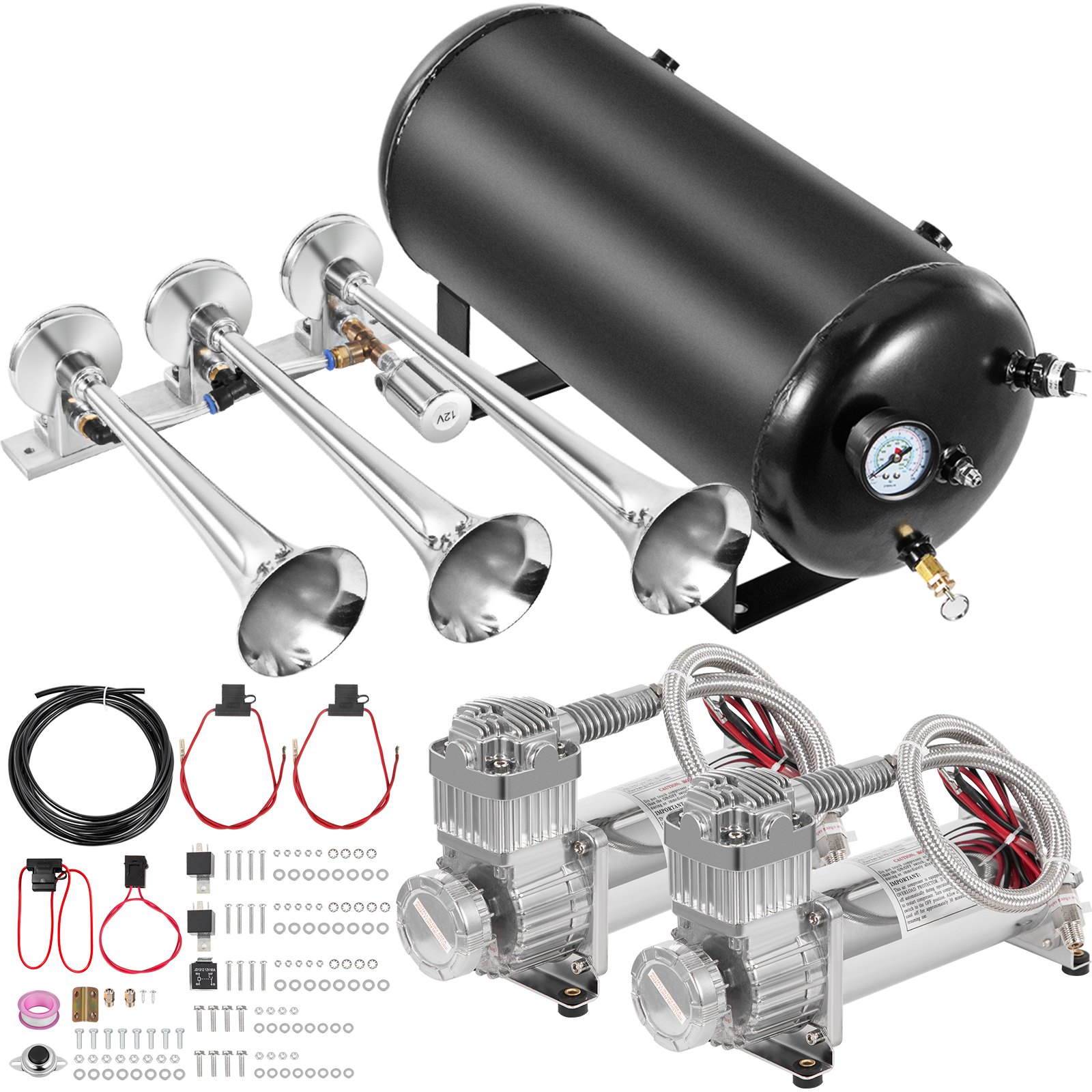 Vevor Super Loud 3-trumpet train horn kit overview: three stainless trumpets, black 5-gallon tank with gauge, dual 200 PSI compressors and wiring hardware