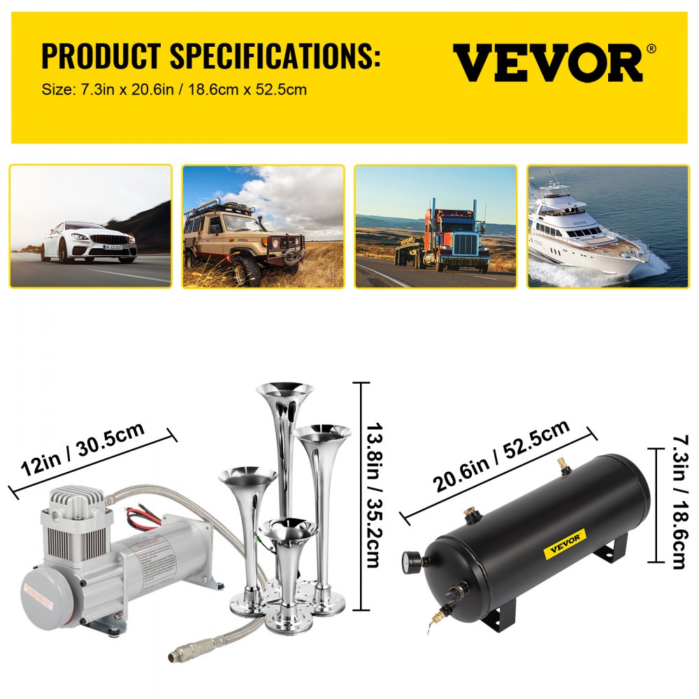 Vevor 10L kit dimension diagram: 12-inch compressor, 13.8-inch trumpet cluster, 20.6 x 7.3-inch tank