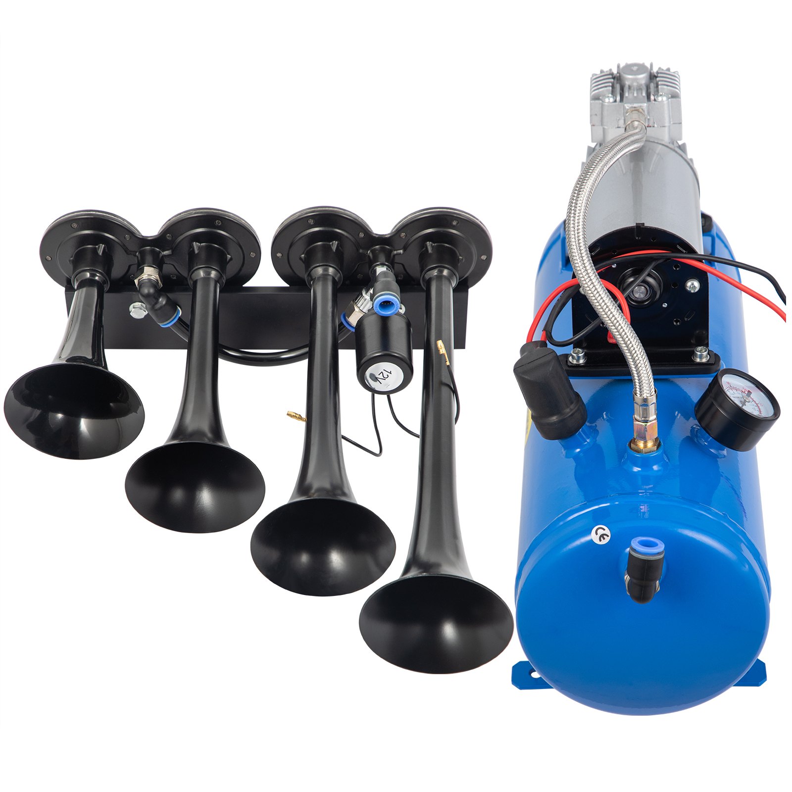Top-down view of the Vevor 6L kit components: trumpet cluster with solenoid, tank with gauge, fuse holder and push-fit fittings