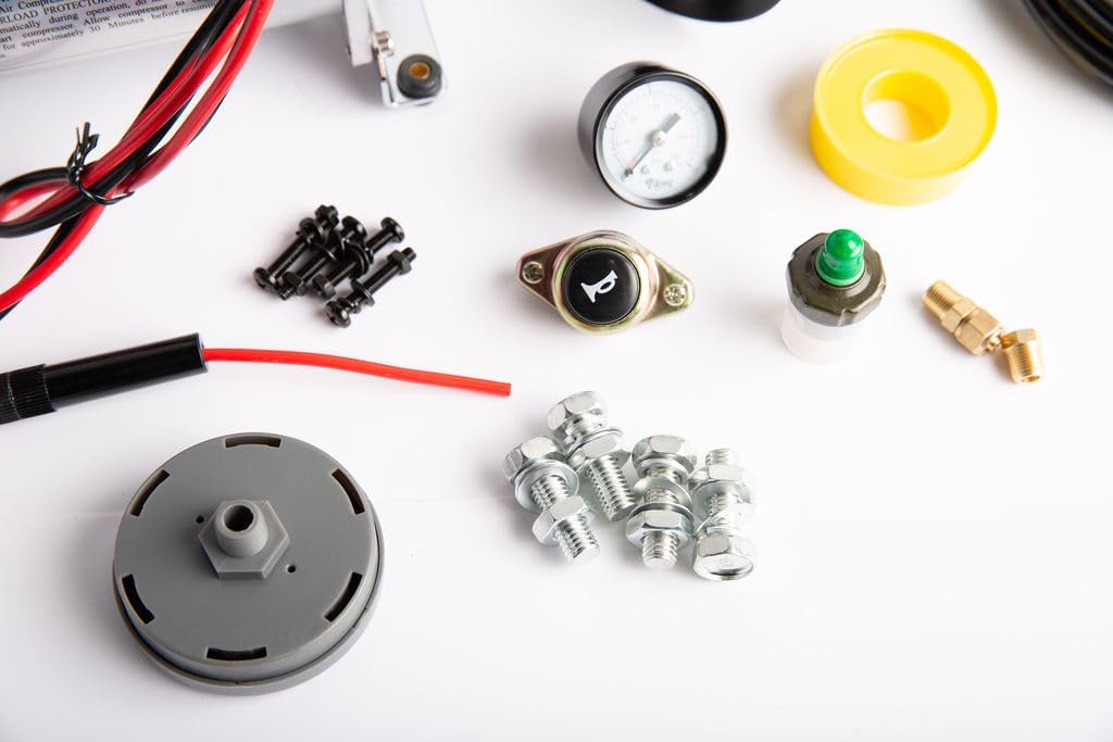 Viking Horns V101C-3/4008B kit components: air gauge, pressure switch, horn button and brass fittings