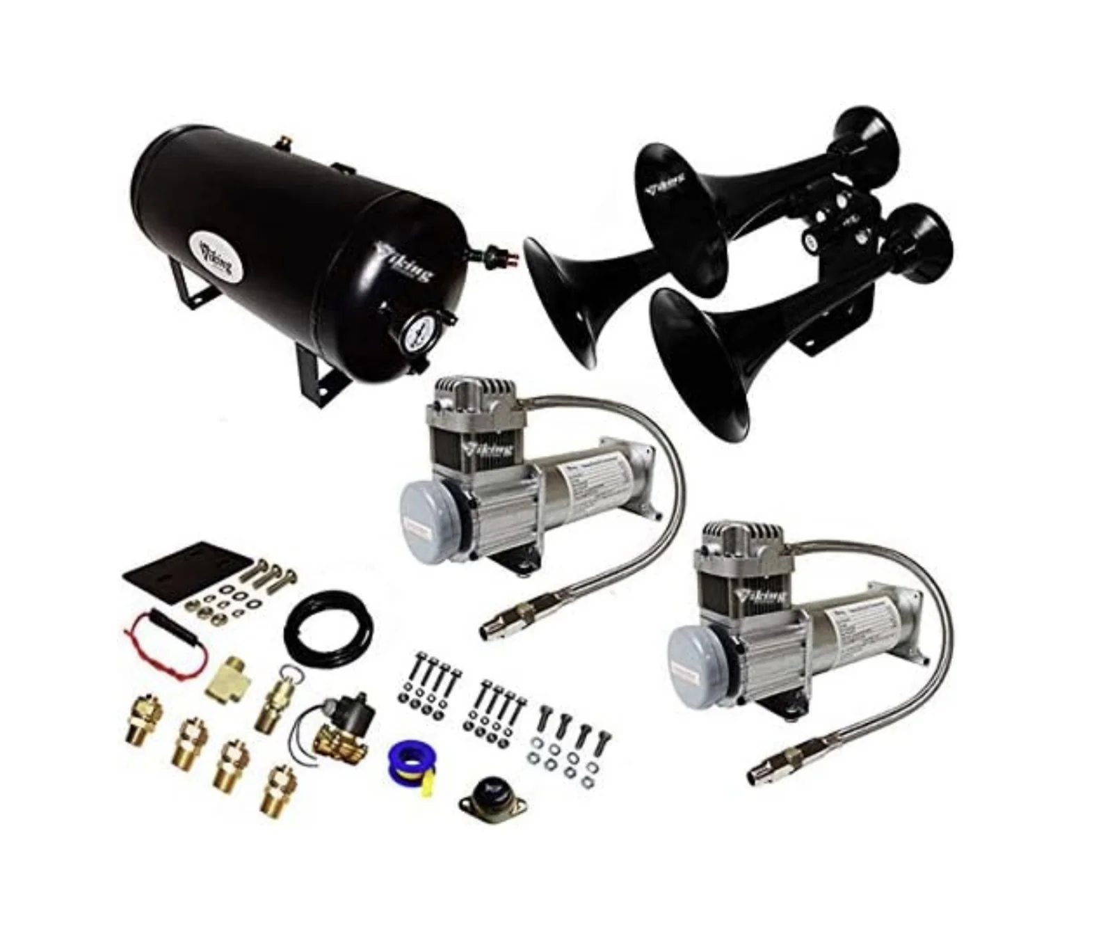 Viking Horns black dual-compressor train horn kit layout with two 200 PSI compressors, 5-gallon tank and fittings (307B sister kit shown)