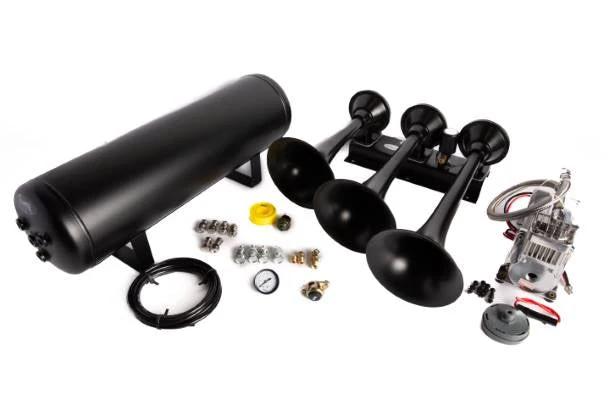 Viking Horns 311-1B black three-trumpet horn set, shown in Viking's single-compressor V103C-5/311-1B kit
