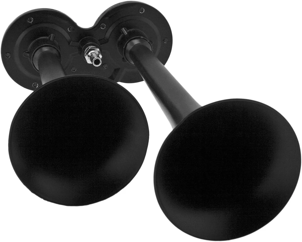VXH2311B kit contents — dual metal trumpets, compressor, relay, air hose and mounting hardware