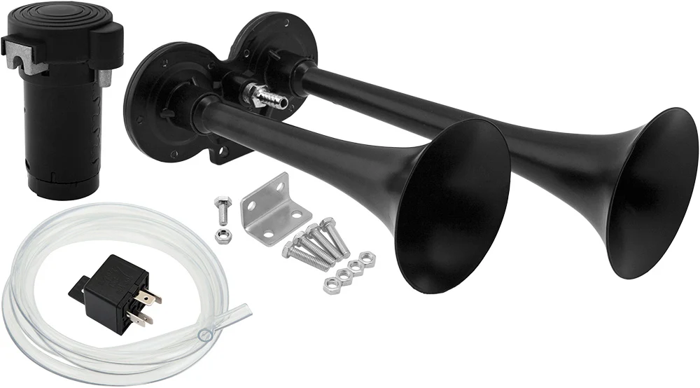 Vixen Horns VXH2311B dual trumpet train horn kit — black metal trumpets with 12V compressor