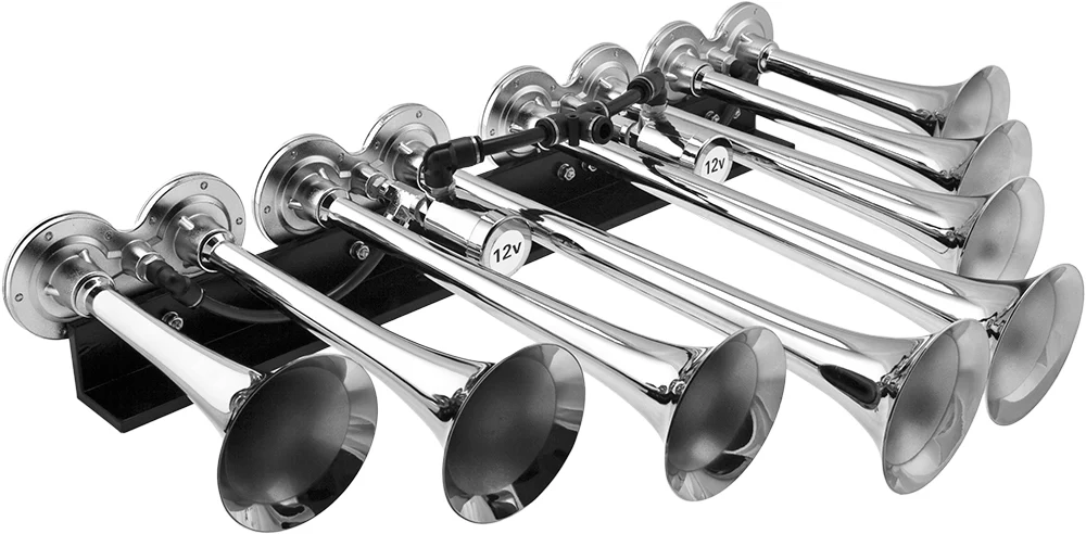 OCTOPOD VXO8358CI chrome-plated eight-trumpet horn array, angled view