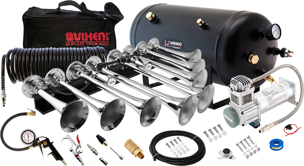 Vixen Horns OCTOPOD VXO8358CI complete kit — chrome 8-trumpet horn, 5-gallon tank, compressor and tire inflation kit