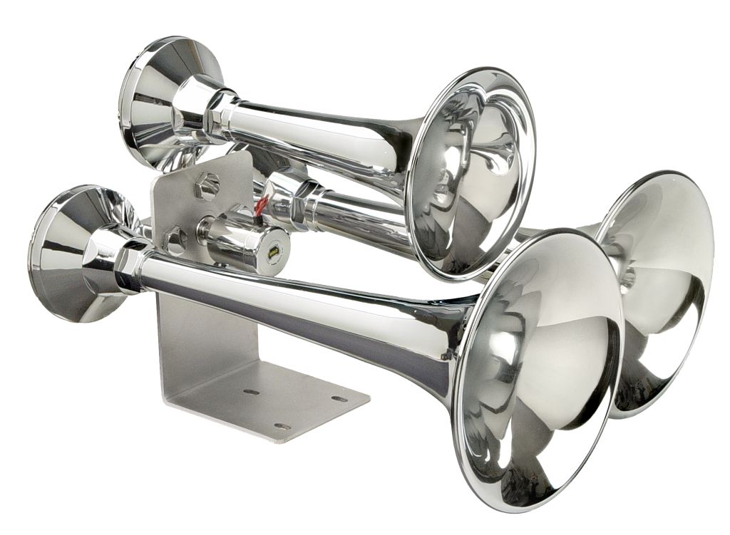 Wolo 837 Cannon Ball Express three-trumpet chrome train horn on painted steel base