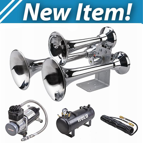 Wolo 850-858 kit components — chrome horn, compressor and 2.5-gallon air tank