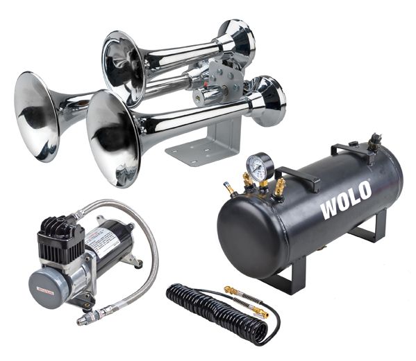 Wolo 850-858 Siberian Express Chrome PRO triple-trumpet train horn with onboard air system kit