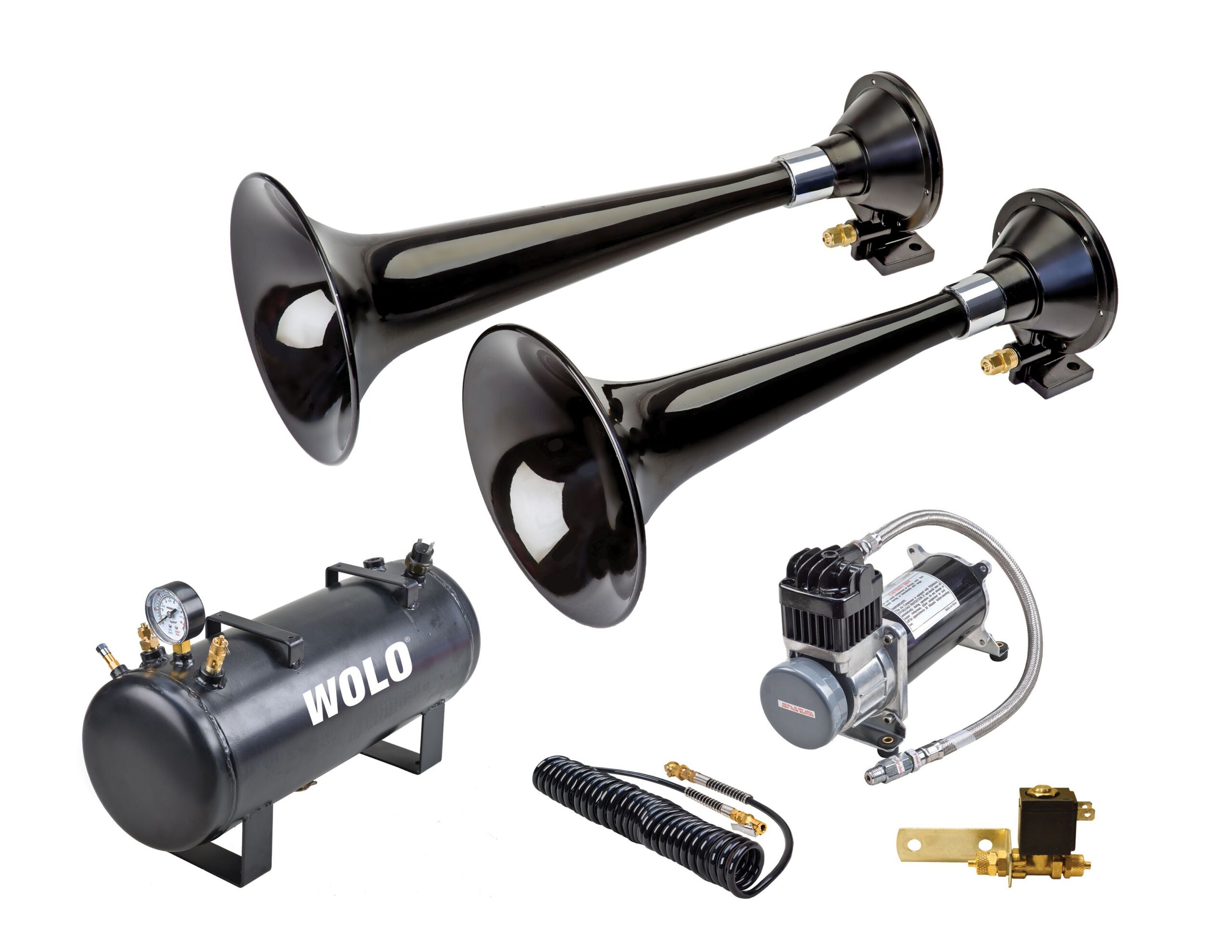 Wolo 870-858 Western Express Pro complete kit — dual black ABS trumpets, compressor and 2.5-gallon tank