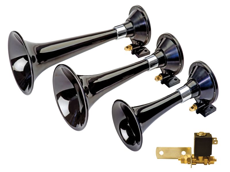 Wolo Model 875 Euro Express three black ABS trumpets with independent steel brackets and 12-volt solenoid valve