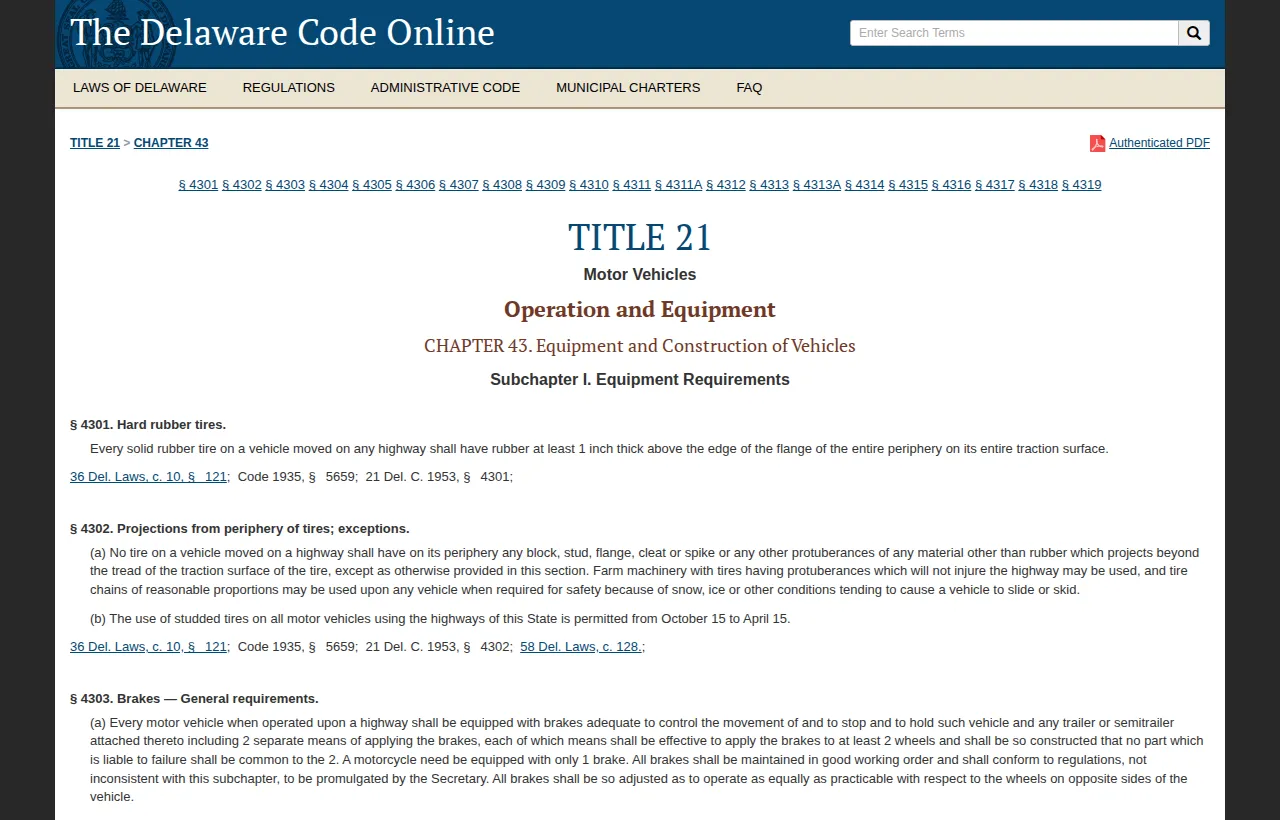 Screenshot of the official statute page at delcode.delaware.gov