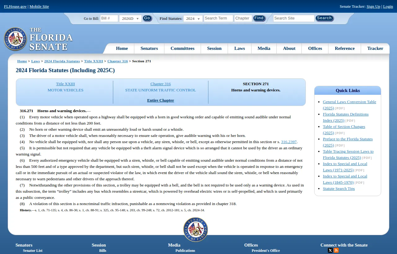 Screenshot of the official statute page at flsenate.gov