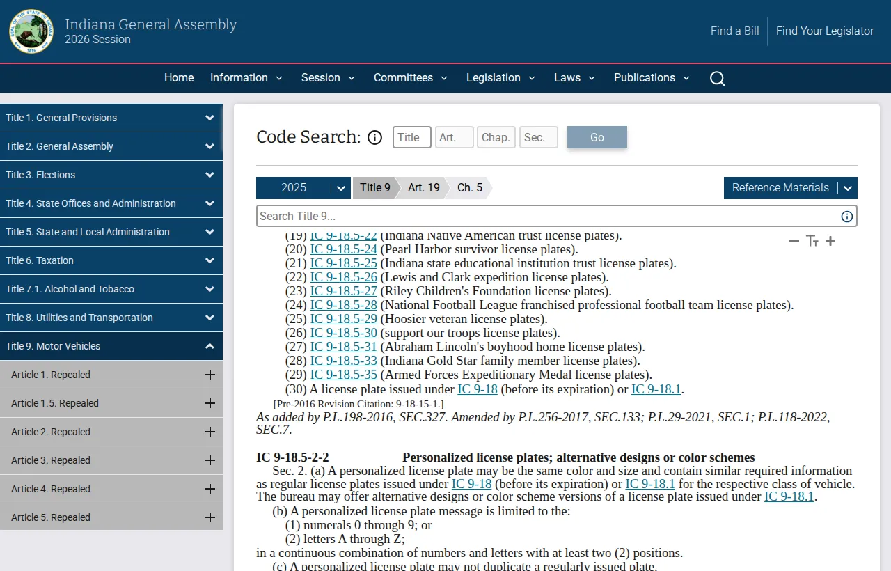 Screenshot of the official statute page at iga.in.gov