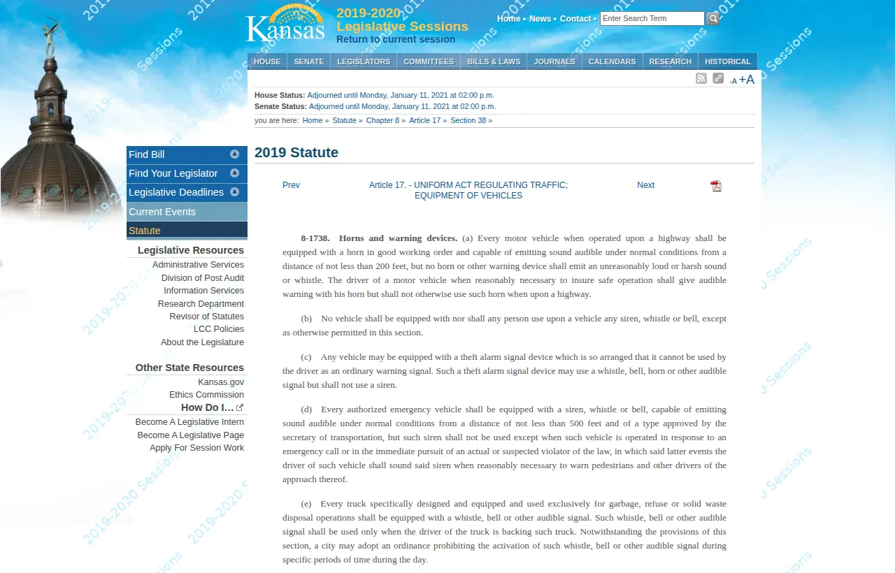 Screenshot of the official statute page at kslegislature.gov