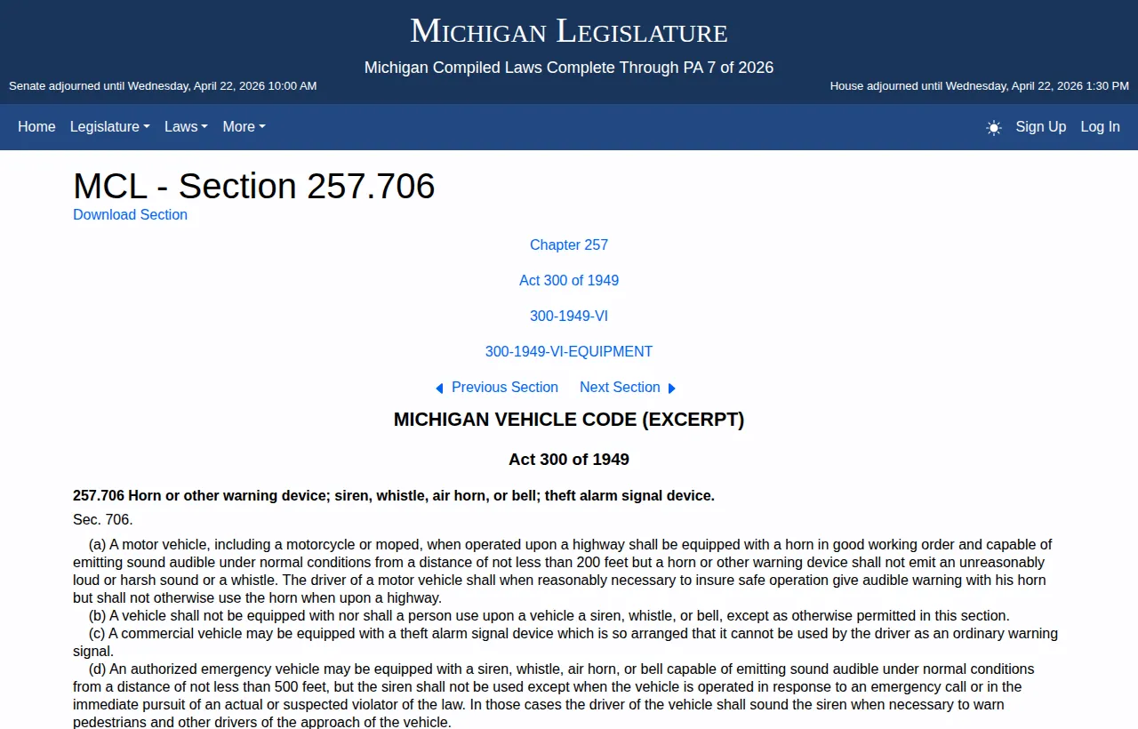 Screenshot of the official statute page at legislature.mi.gov