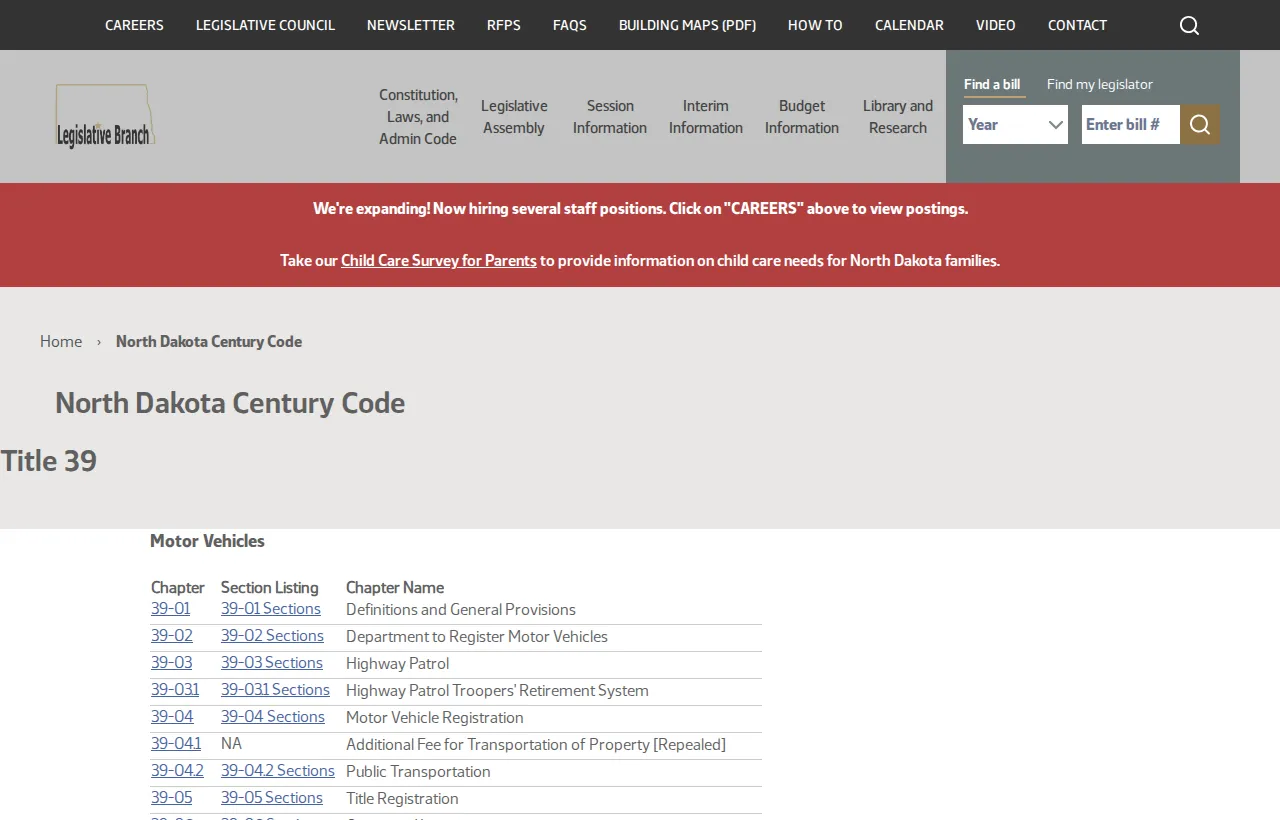 Screenshot of the official statute page at ndlegis.gov
